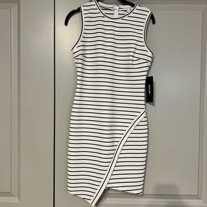 Olivia Grey asymmetrical dress. Black and White stripes.